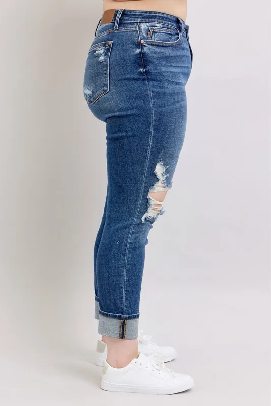 Full Size Mid Rise Boyfriend destroy Jeans with Yoke Pockets and Faux Selvedge Cuff Plus Size, image 3