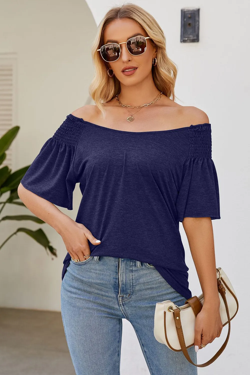 Smocked Round Neck Flutter Sleeve T-Shirt, image 17