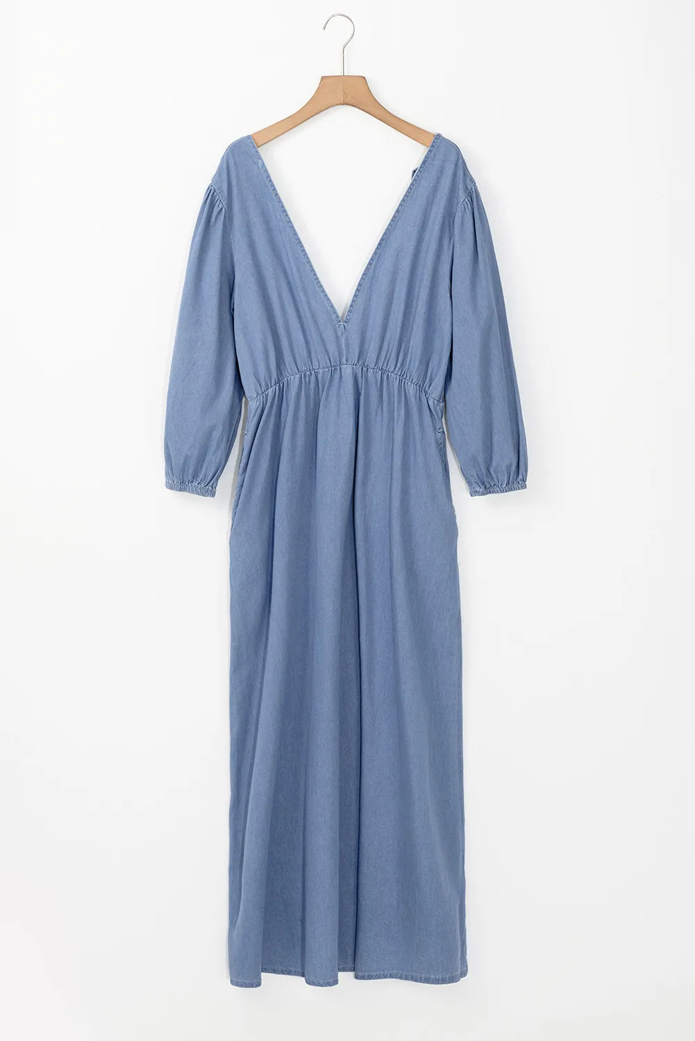 Tied Plunge Three-Quarter Sleeve Denim Dress, image 4