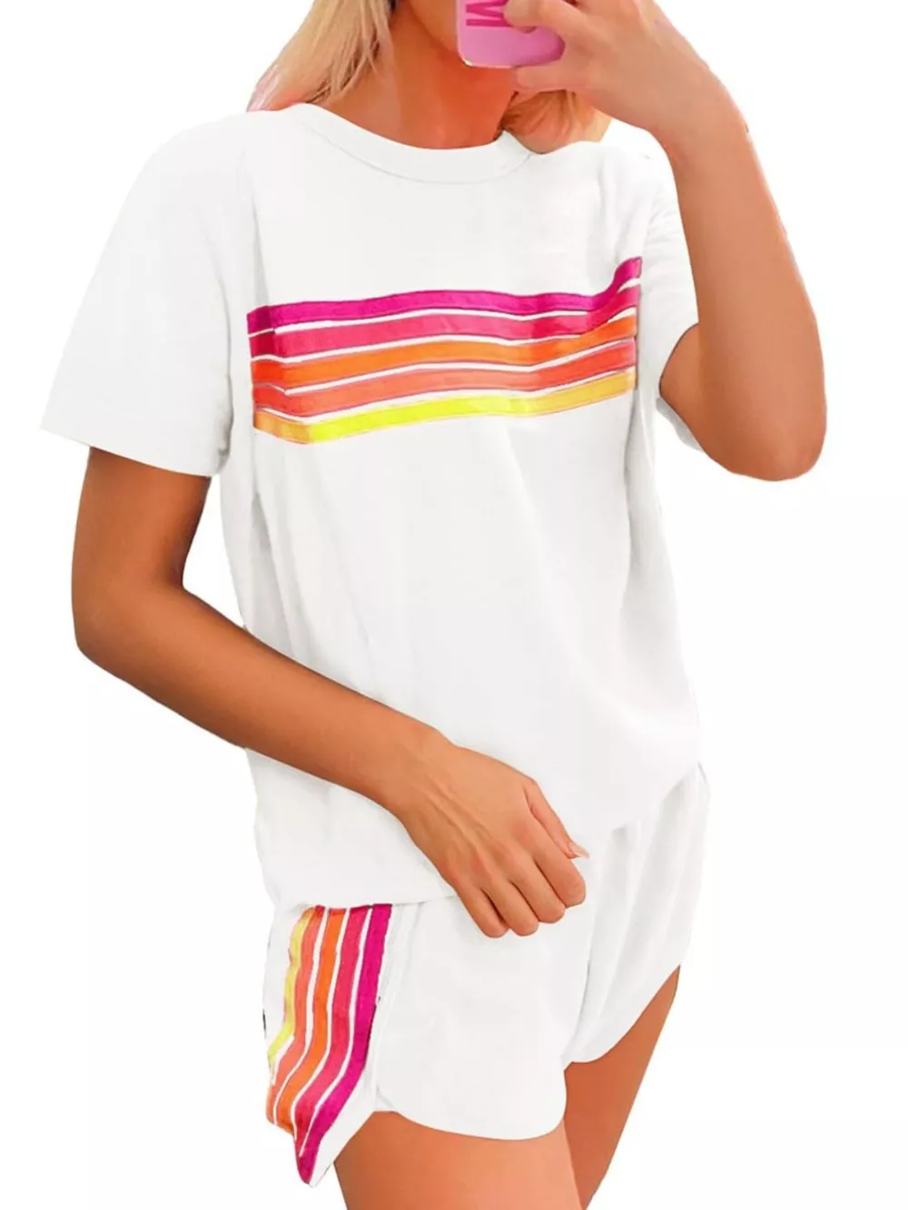 Rainbow Striped Round Neck Top and Shorts Set, image 7