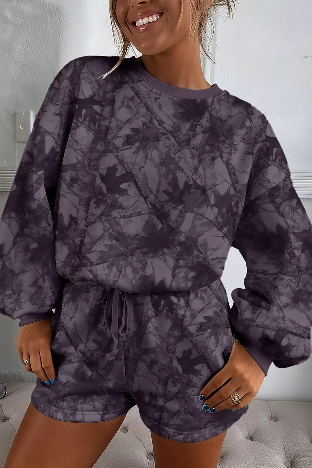 Abstract Woodland Camo Print Baggy Pullover Drawstring Shorts Set, image 5