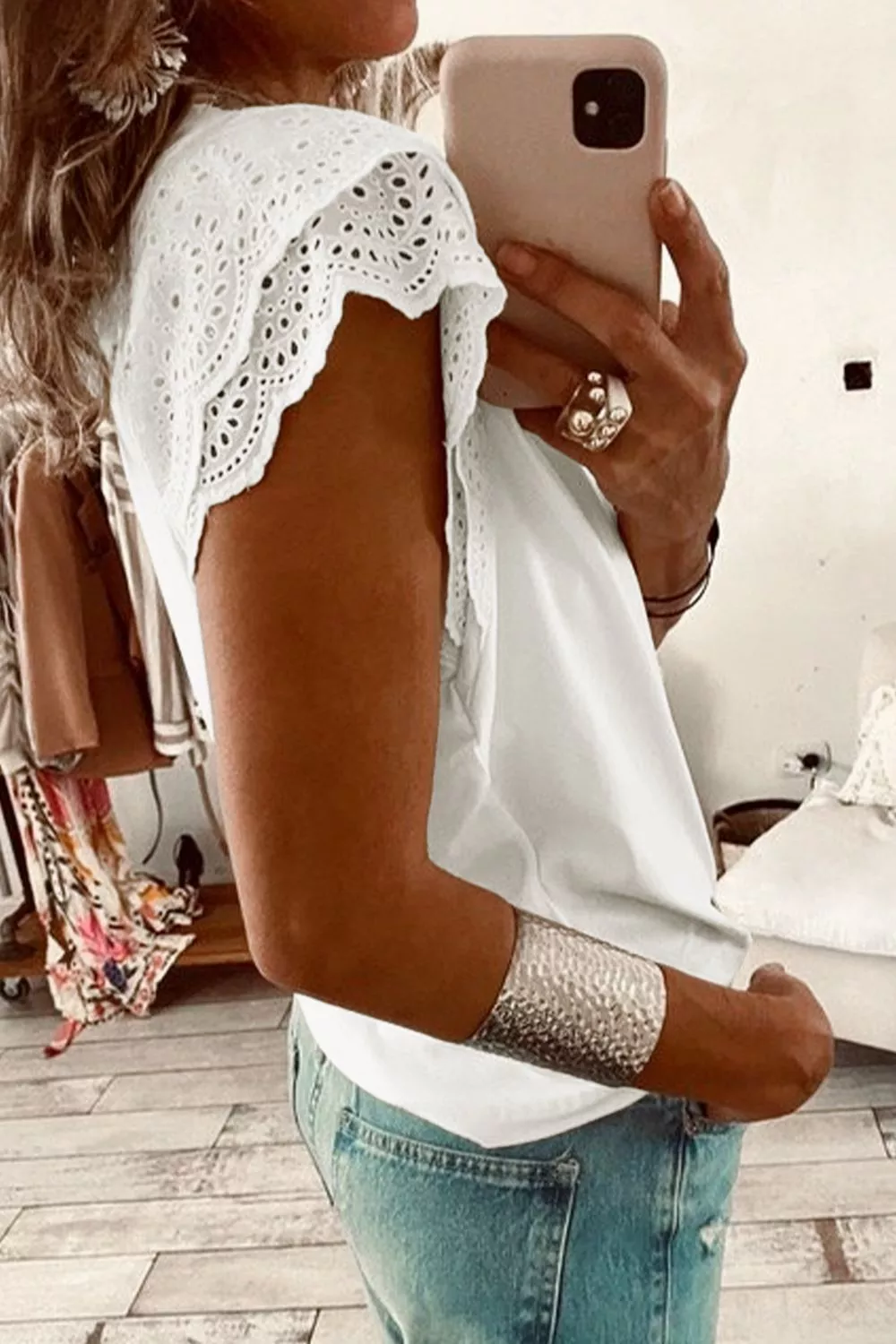 Eyelet Embroidered Flutter Sleeve Patchwork V Neck Tee, image 3