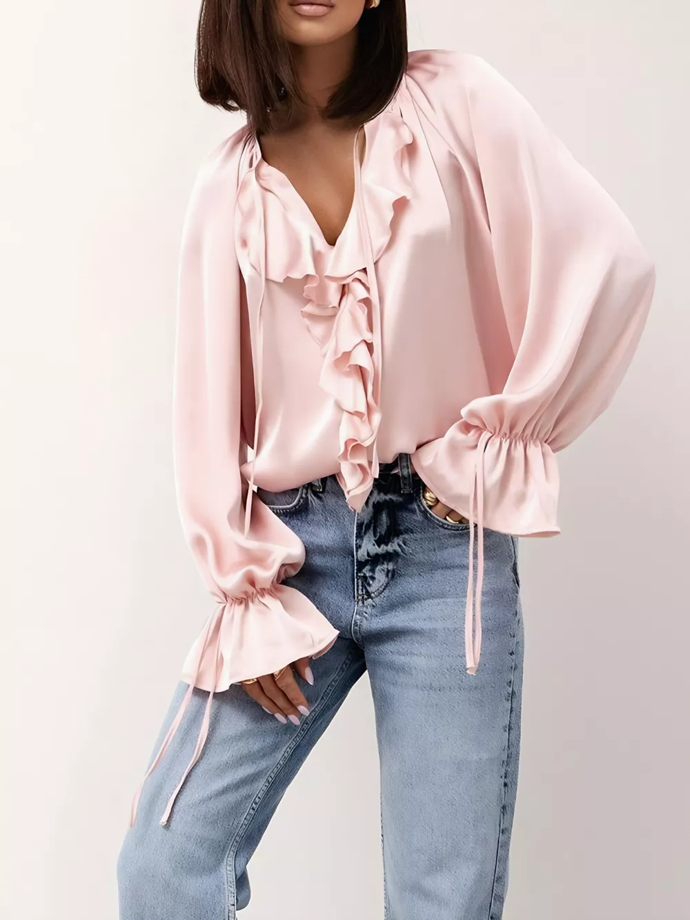 Ruffle Trim Satin Flounce Sleeve Blouse, image 2