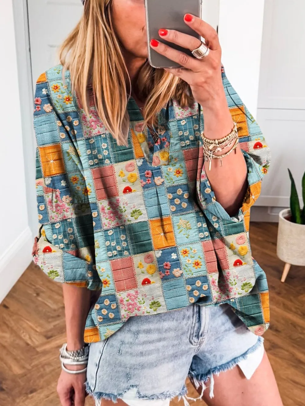 Patchwork Print Notched Long Sleeve Blouse, image 2