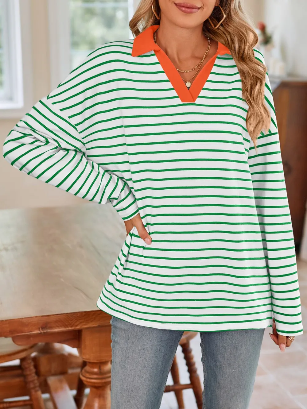 Striped Johnny Collar Long Sleeve T-Shirt, image 34