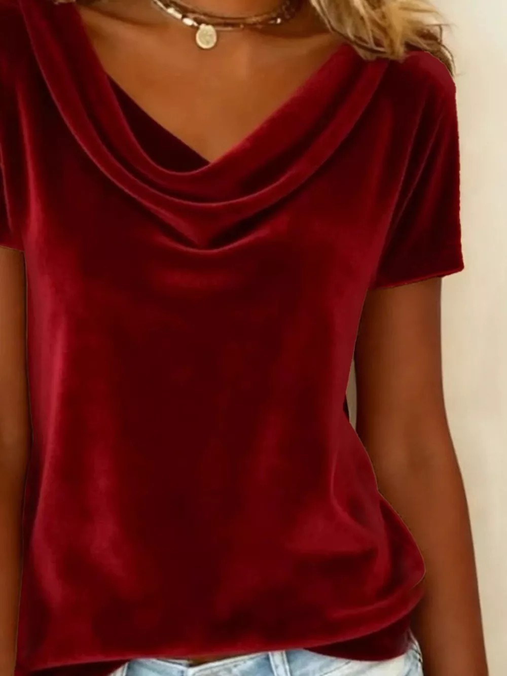 Velvet Cowl Neck Short Sleeve Top, image 15