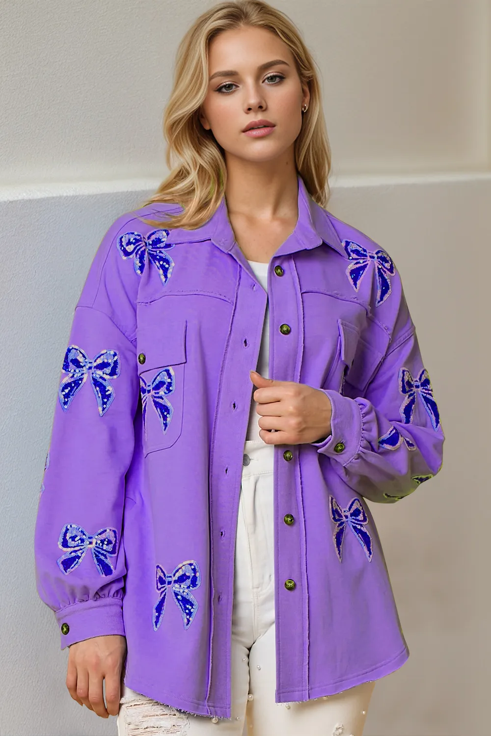 Full Size Sequin Bow Button Up Shacket, image 3