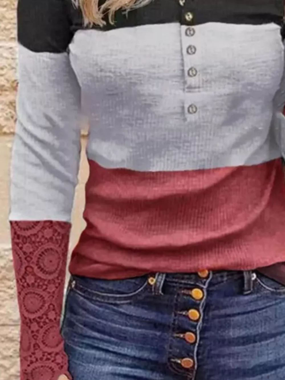 Color Block Lace Detail Half Button T-Shirt, image 3