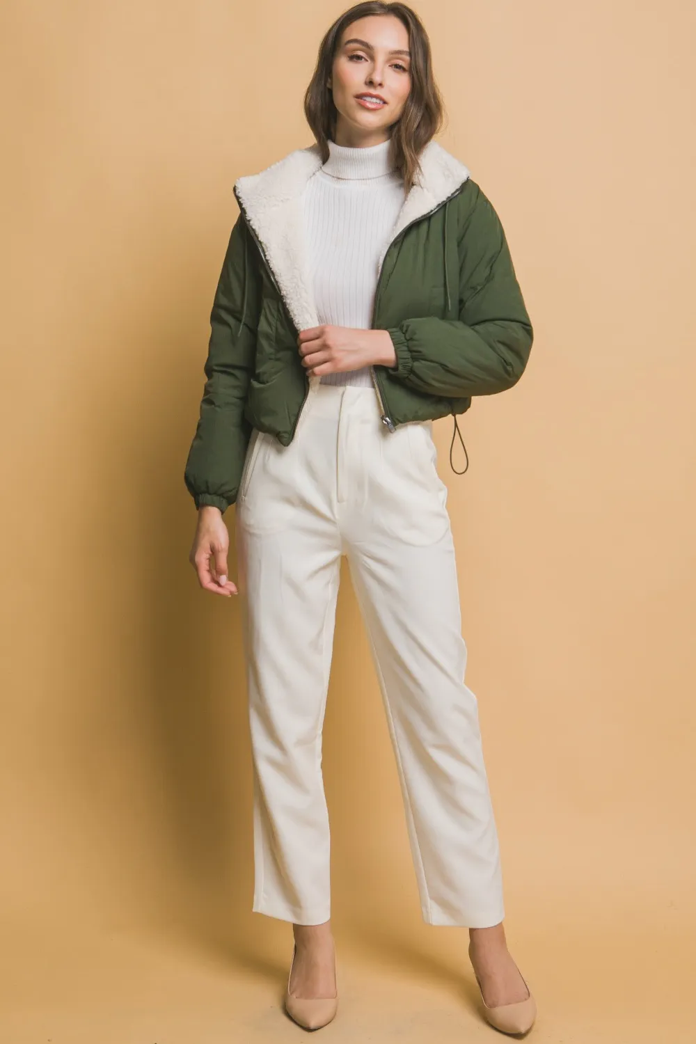 Zip Up Cropped Hooded Sherpa Reversible Jacket, image 5