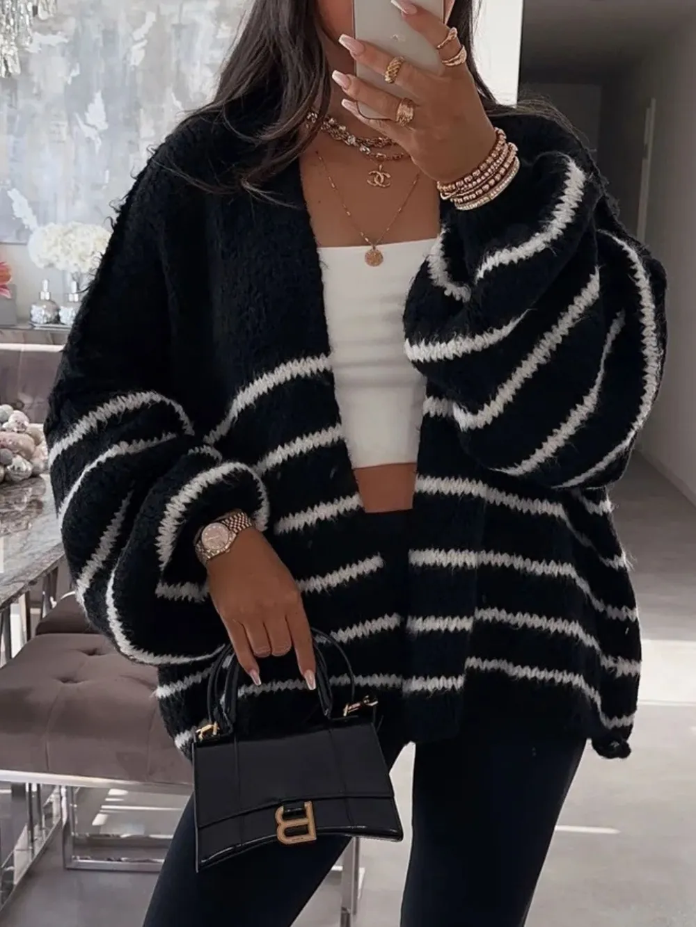 Striped Open Front Dropped Shoulder Cardigan, image 8
