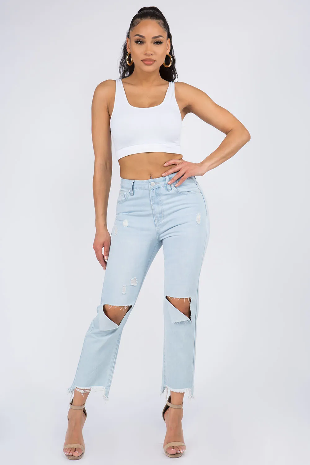 High Waist Distressed Raw Hem Jeans, image 4
