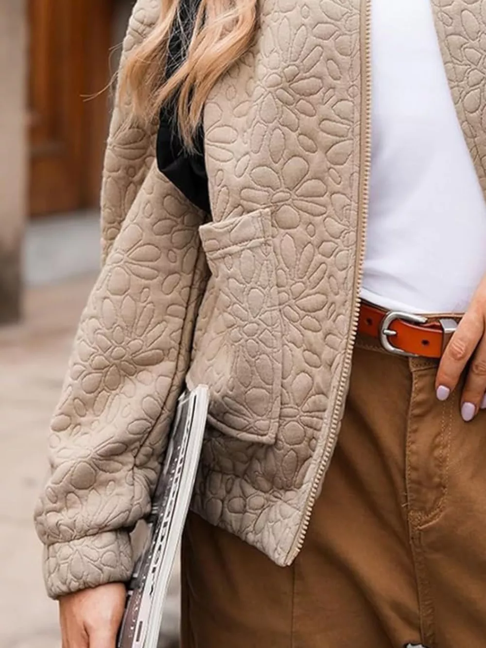 Full Size Floral Quilted Zip Up Jacket Plus Size, image 3