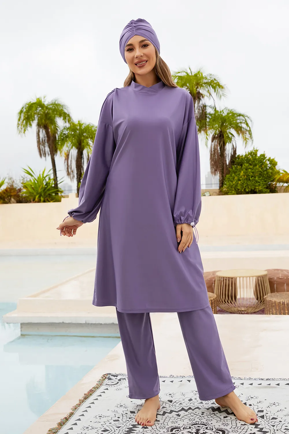 Cap, Drawstring Mock Neck Long Sleeve Top and Pants Swim Set, image 5