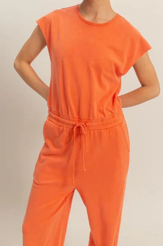 Back Keyhole Round Neck Cap Sleeve Drawstring Jumpsuit, image 5