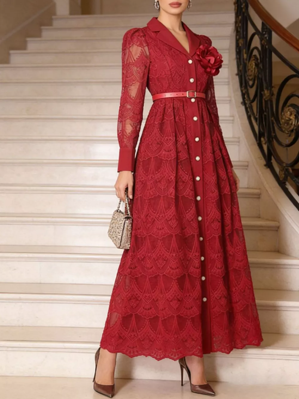 Lace Button Front Midi Dress, image 6