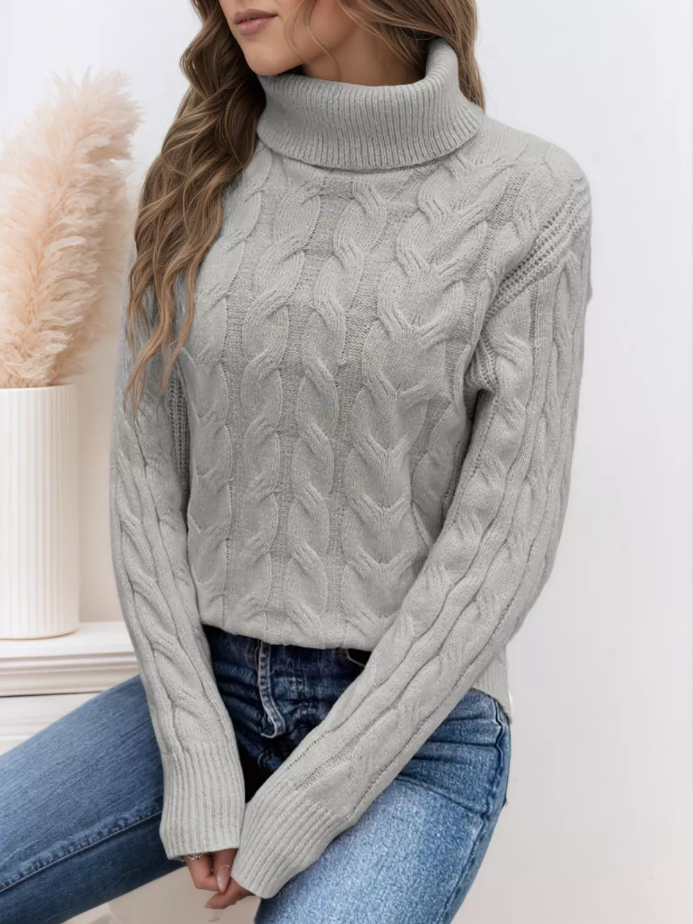 Cable Knit Turtleneck Long Sleeve Sweater, image 14
