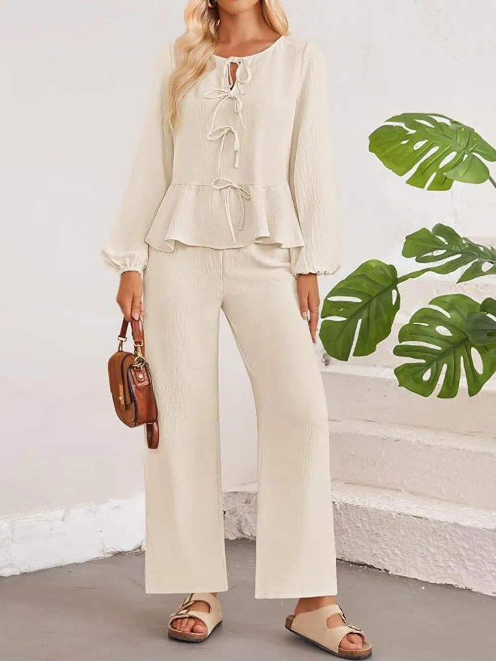 Tie Neck Balloon Sleeve Top and Pants Set, image 2