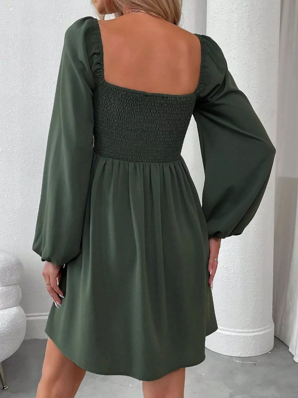 Ruched Square Neck Long Sleeve A-Line Dress, image 2