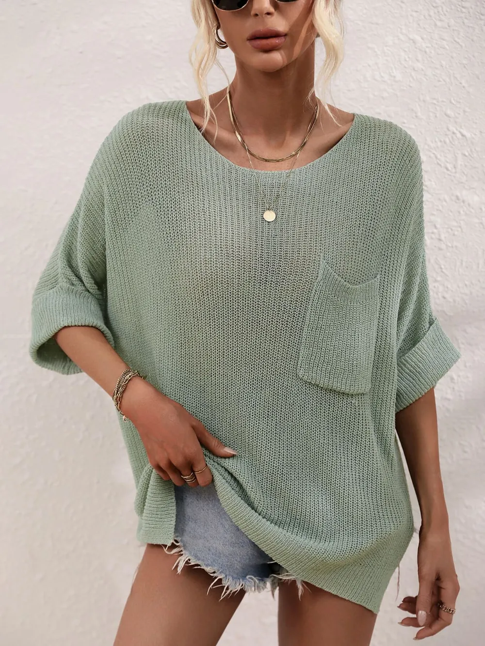 Boat Neck Cuffed Sleeve Slit Tunic Knit Top, image 2