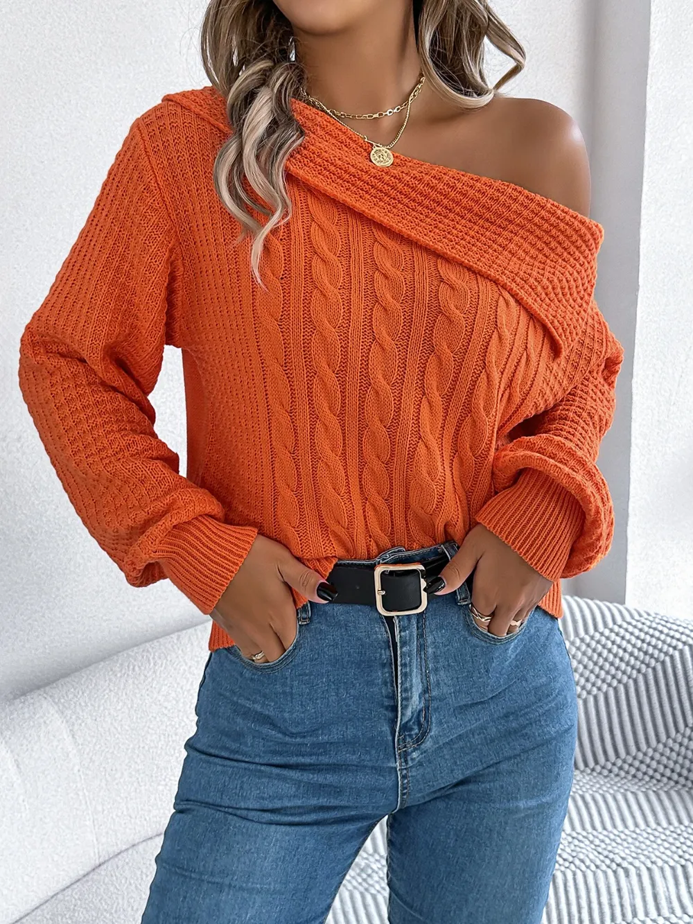 Cable-Knit One Shoulder Long Sleeve Sweater, image 10