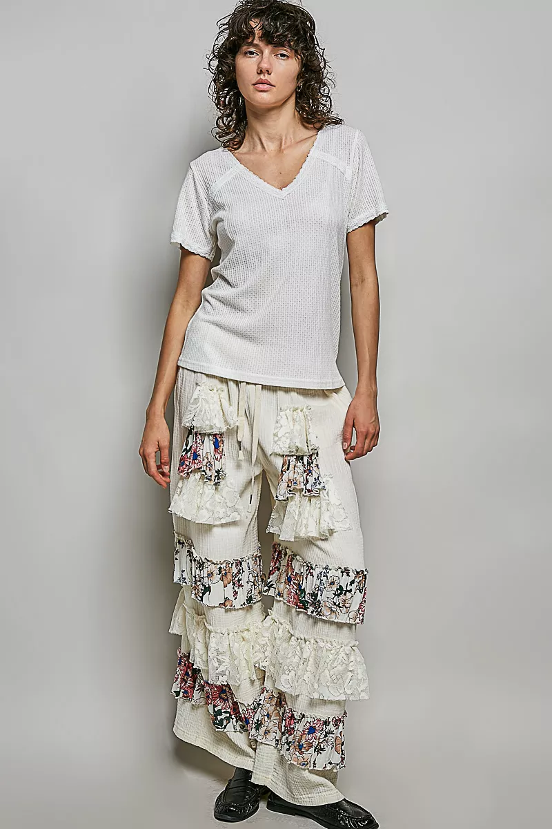 Lace Detail V-Neck Short Sleeve Textured T-Shirt, image 2