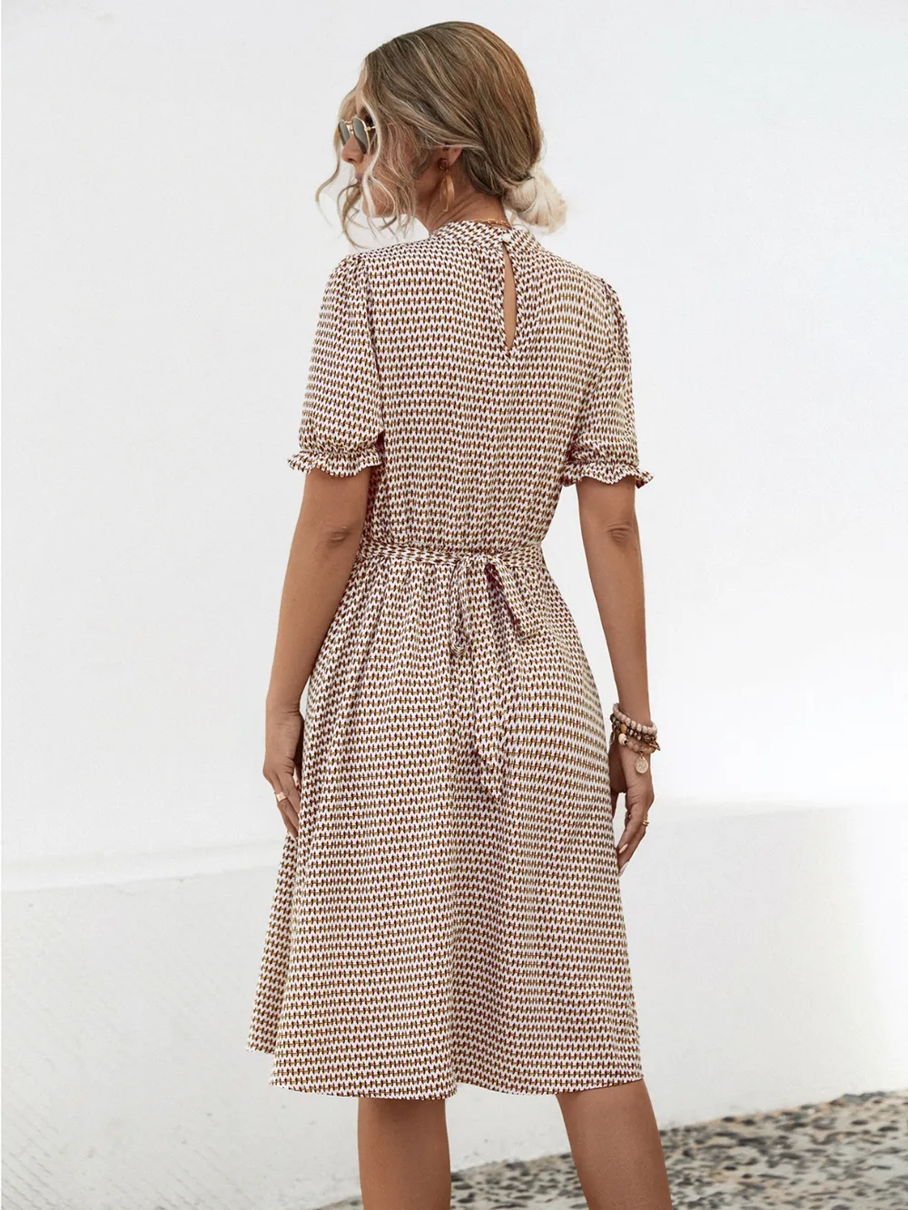 Printed Mock Neck Flounce Sleeve Dress, image 4