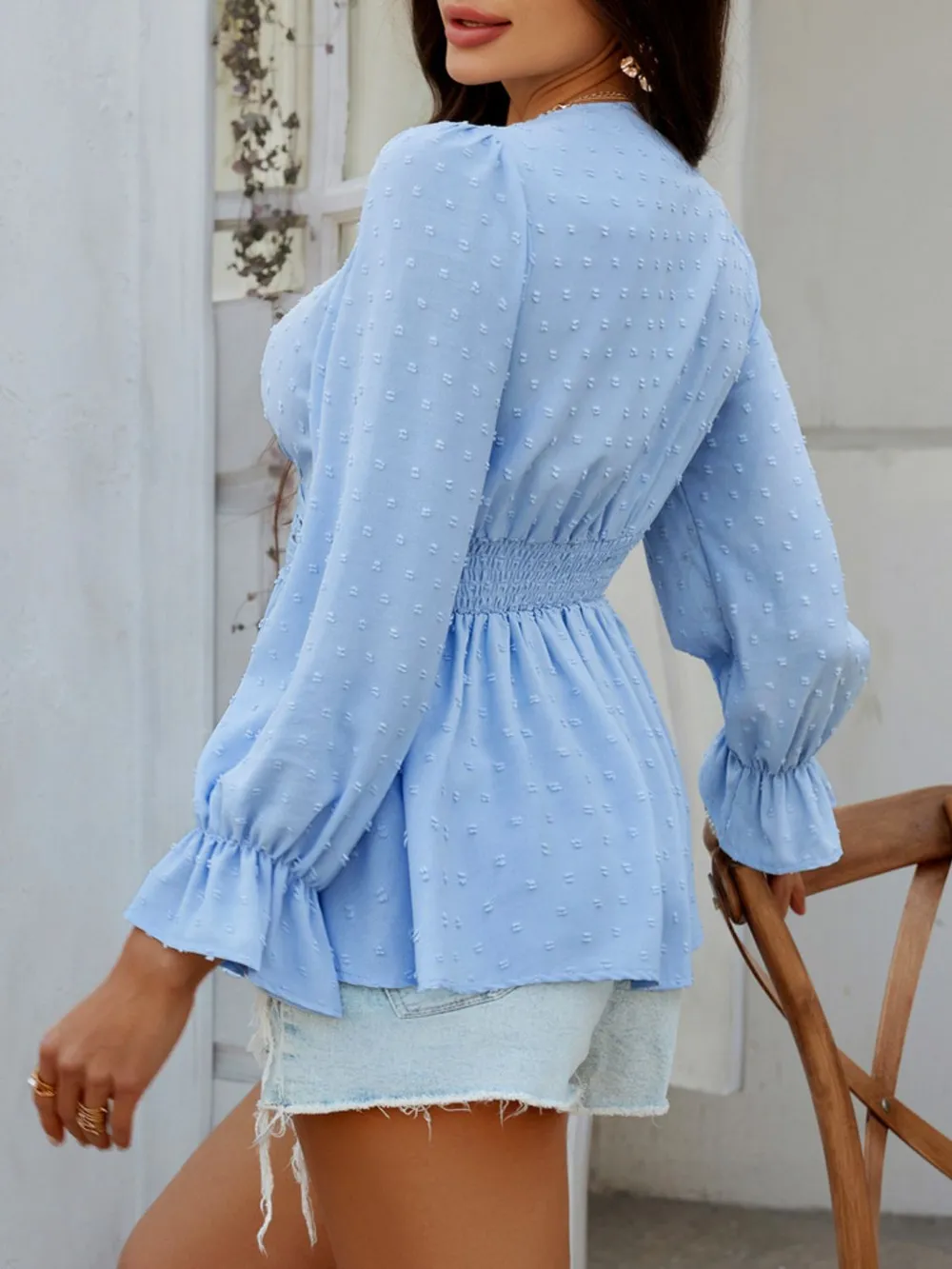 Swiss Dot Lace Detail Surplice Flounce Sleeve Blouse, image 19