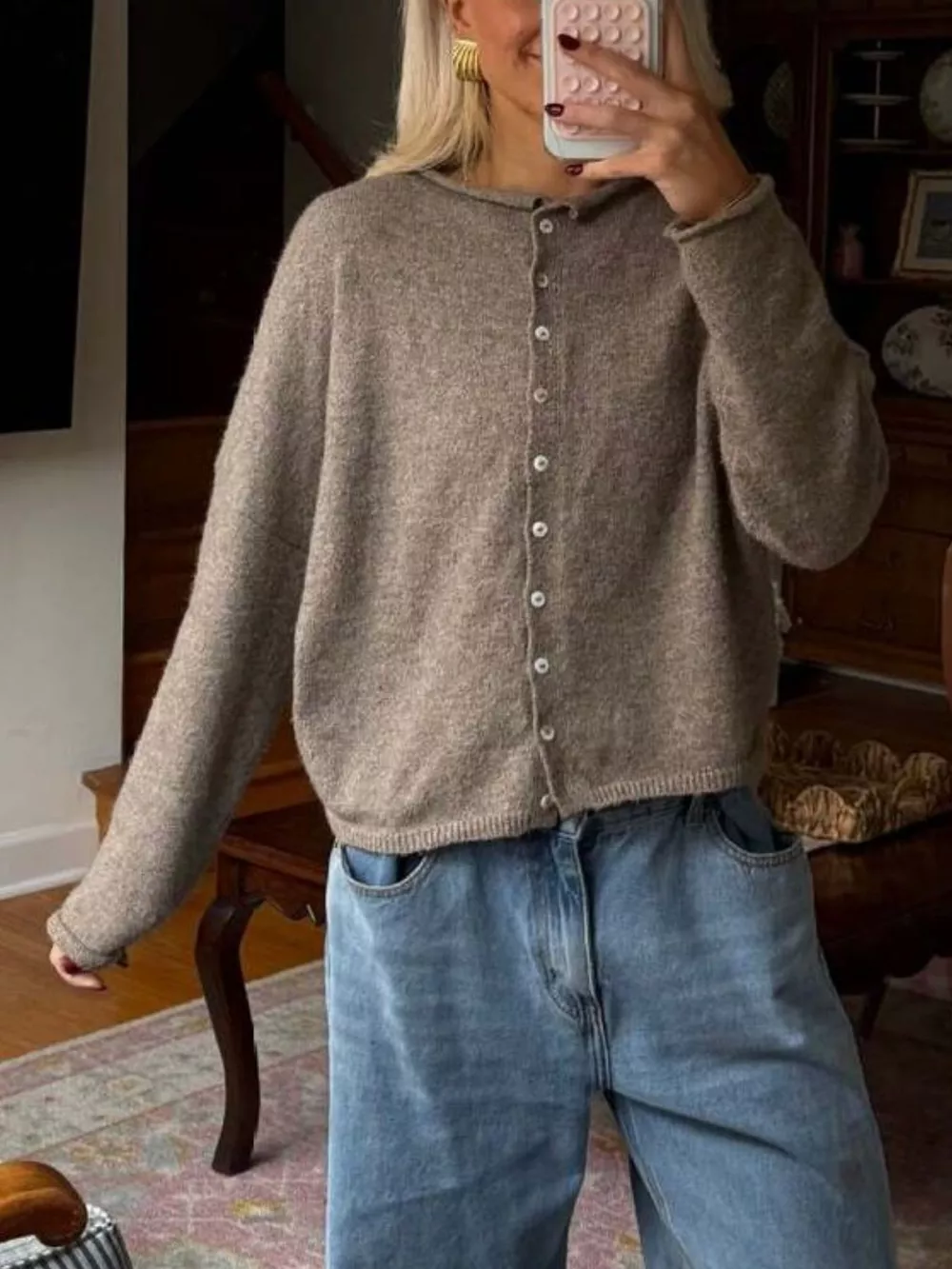 Button-Down Dropped Shoulder Cardigan, image 2
