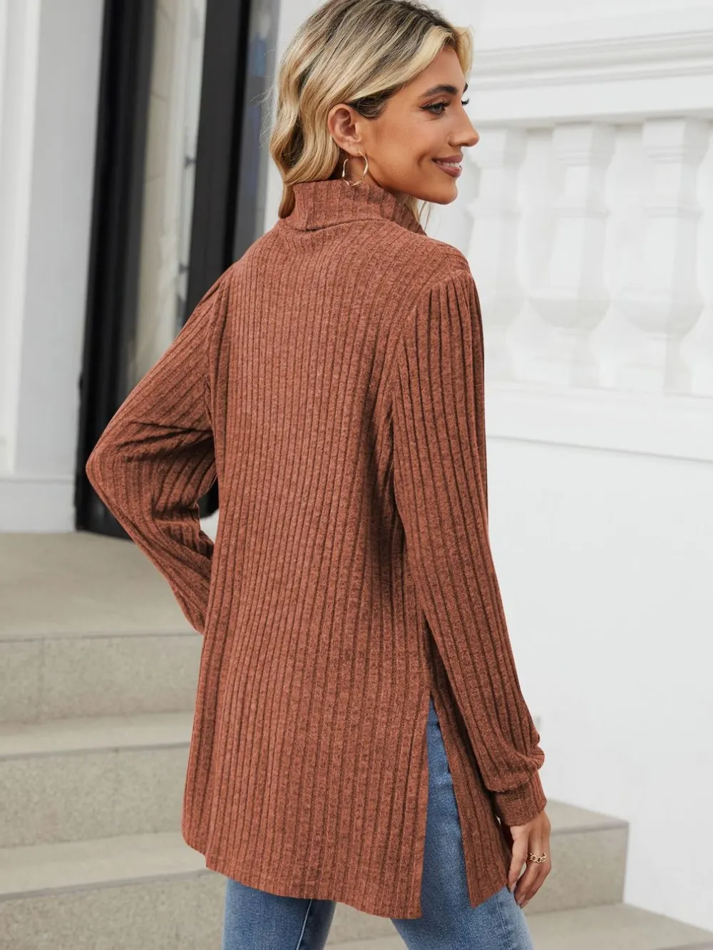 Slit Mock Neck Long Sleeve T-Shirt, image 36