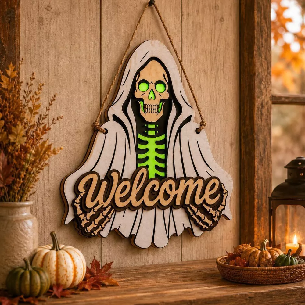 Spooky Halloween Skeleton Welcome Hanging Decorative Ornament