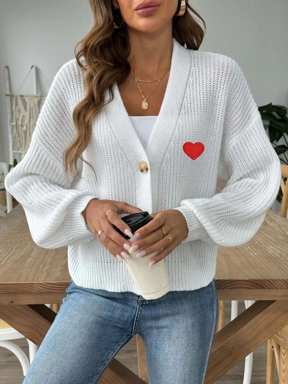 Heart Button Down V-Neck Long Sleeve Cardigan, image 9