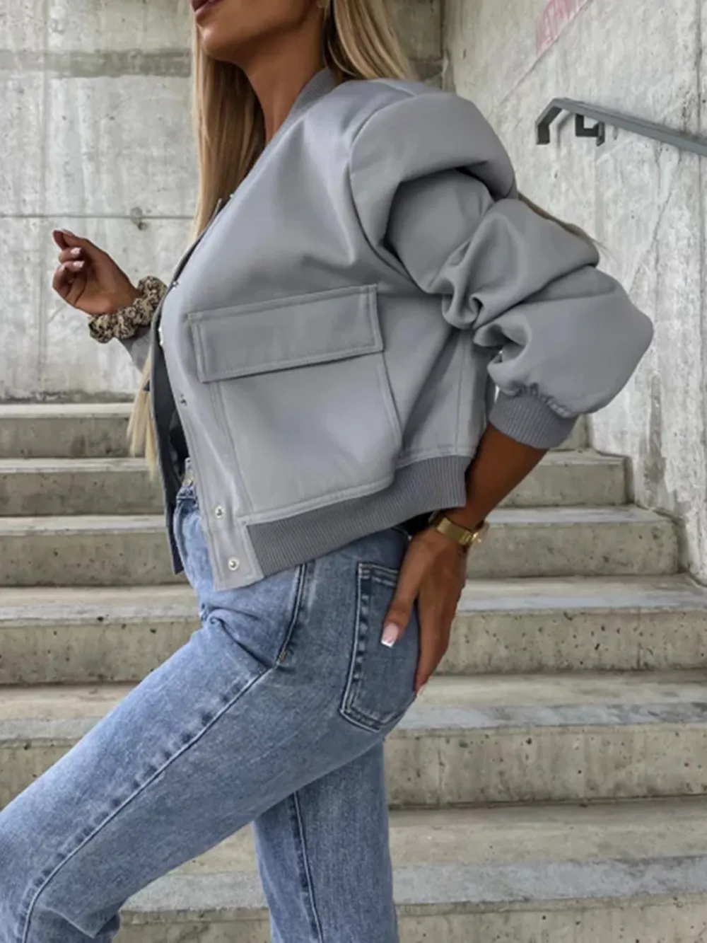Baseball Collar Dropped Shoulder Jacket, image 4