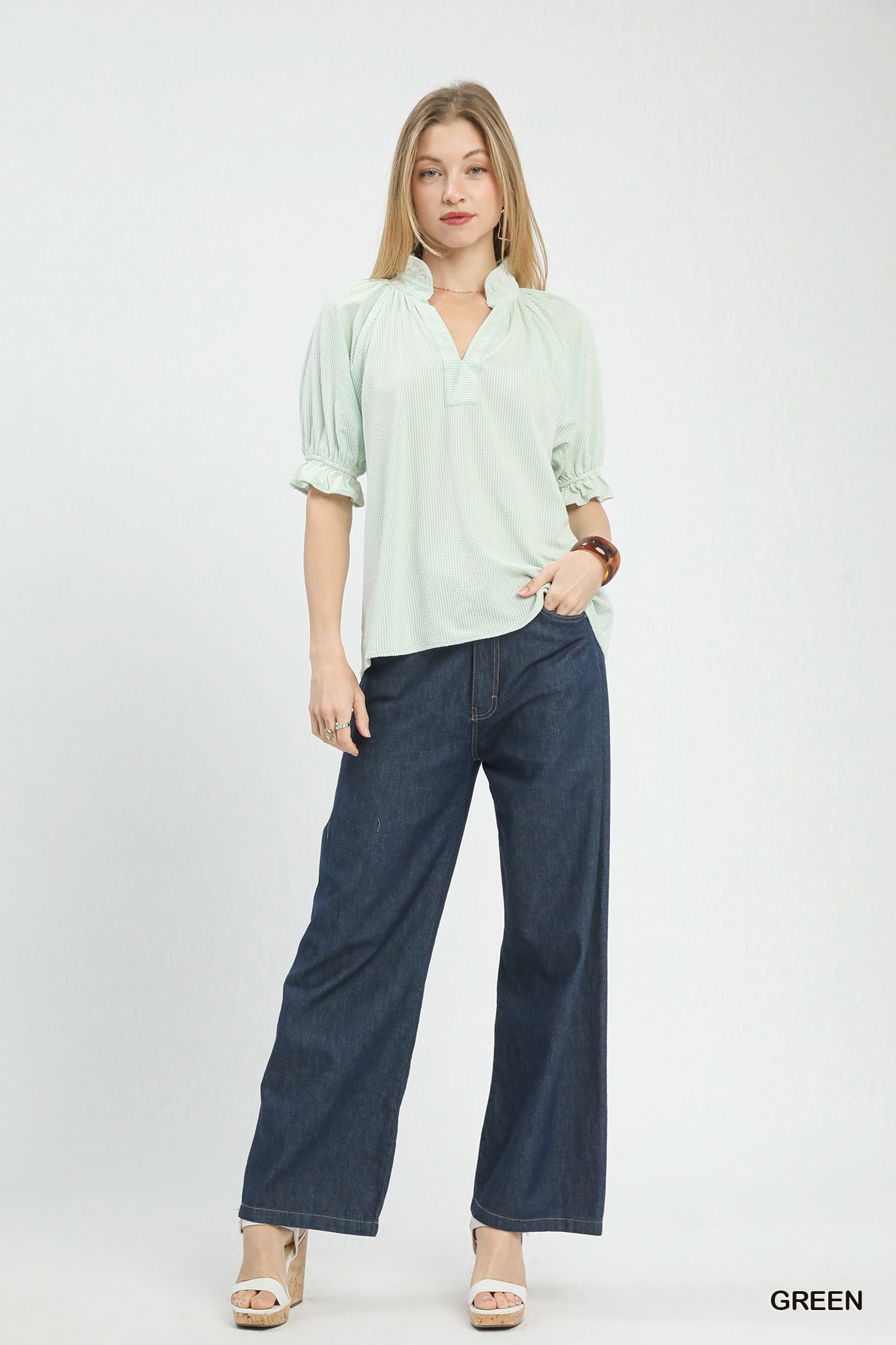Textured Ruffle Sleeve V-Neck Top, image 2