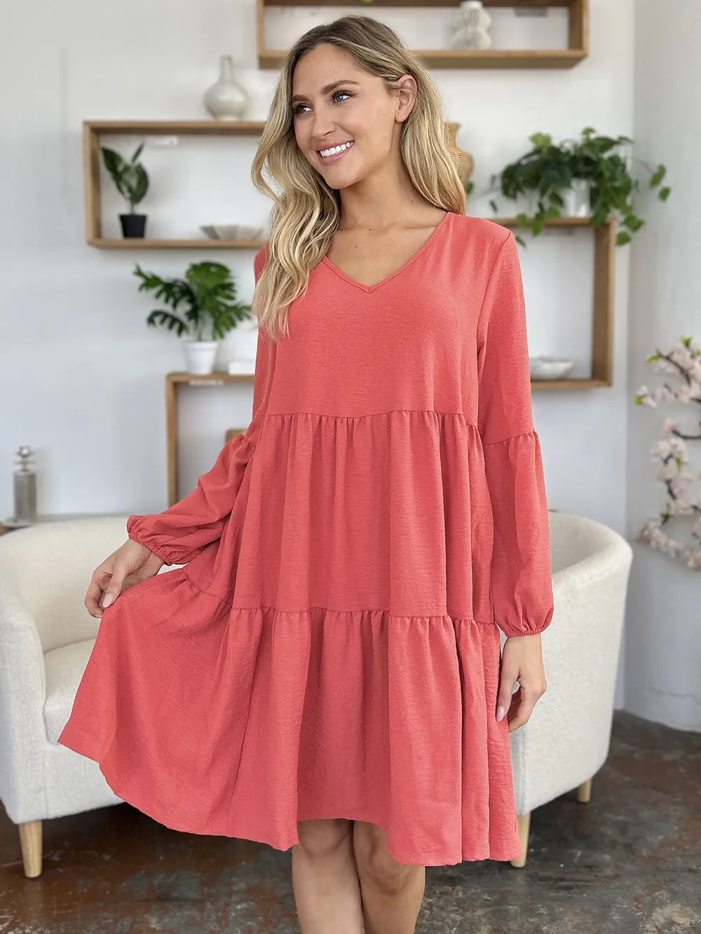 Full Size V-Neck Balloon Sleeve Tiered Dress with Pockets, image 10