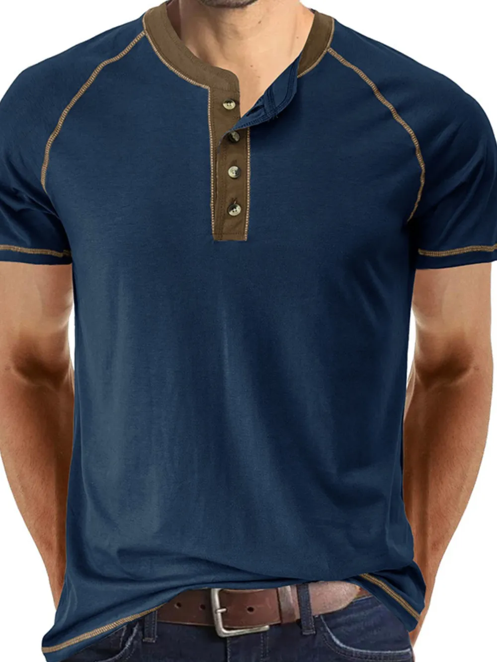 Men's Contrast Trim Henley Polo Shirt, image 12