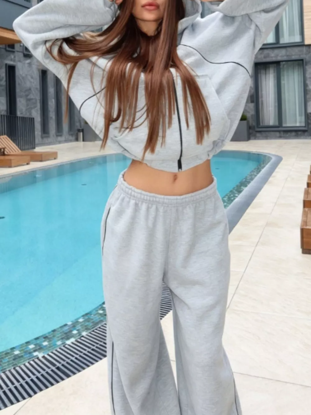 Cropped Zip-Up Hoodie and Wide-Leg Sweatpants Lounge Set, image 23