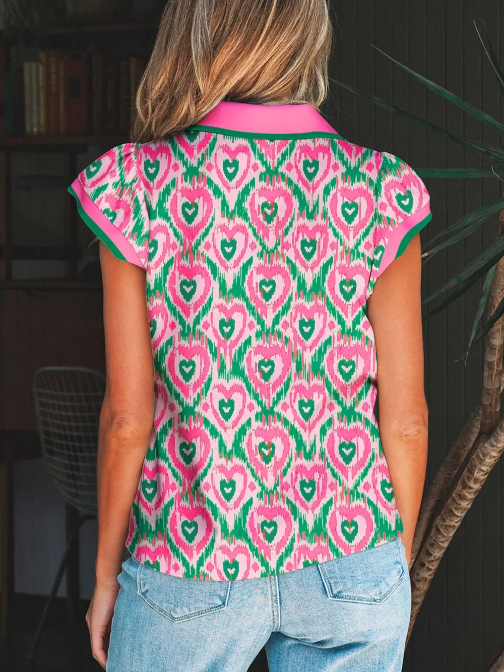 Abstract Heart In Heart Print Striped Trim Polo Collar Short Sleeve Blouse, image 3