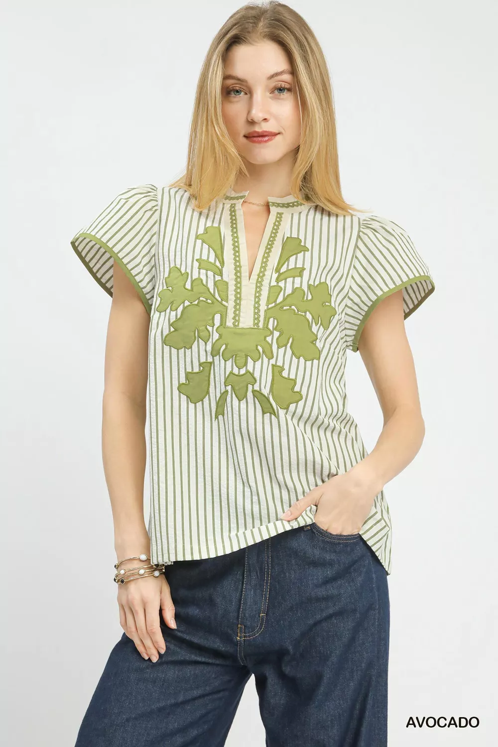 V-Neck Stripe Top with Lace Trim