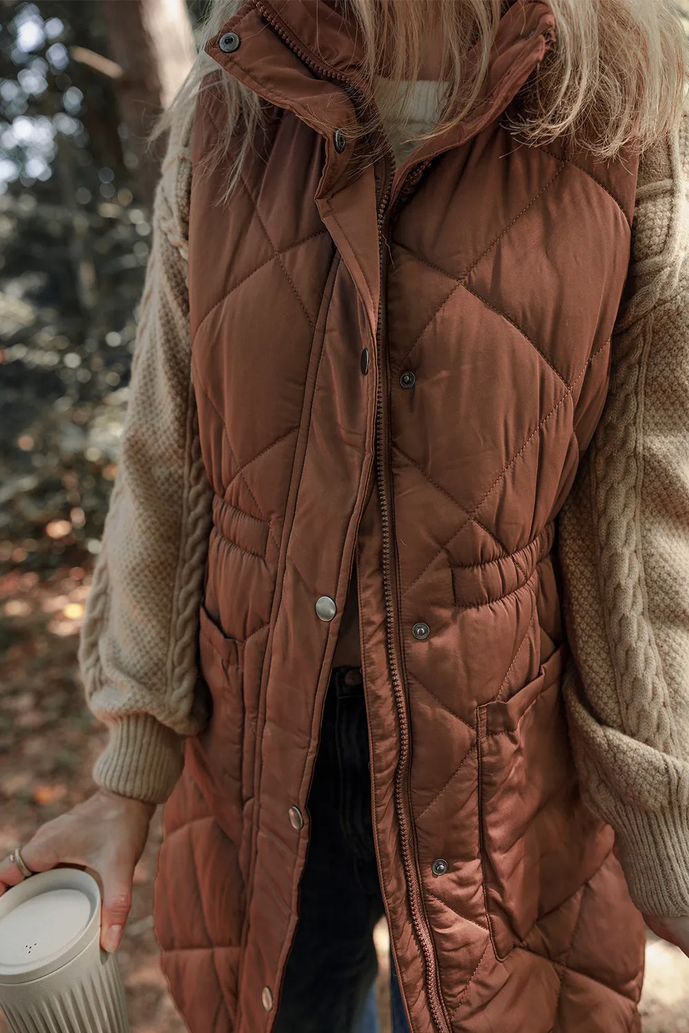 Pocketed Zipper and Button Vest Coat, image 5