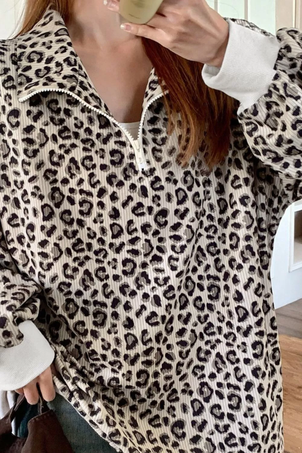 Leopard Print Quarter-Zip Sweatshirt, image 2