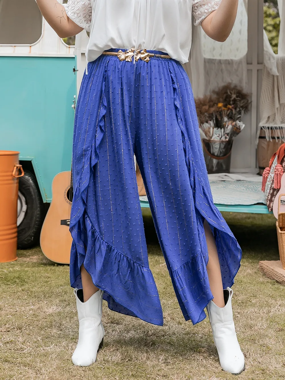 Plus Size Swiss Dot Ruffled Wide Leg Pants, image 5