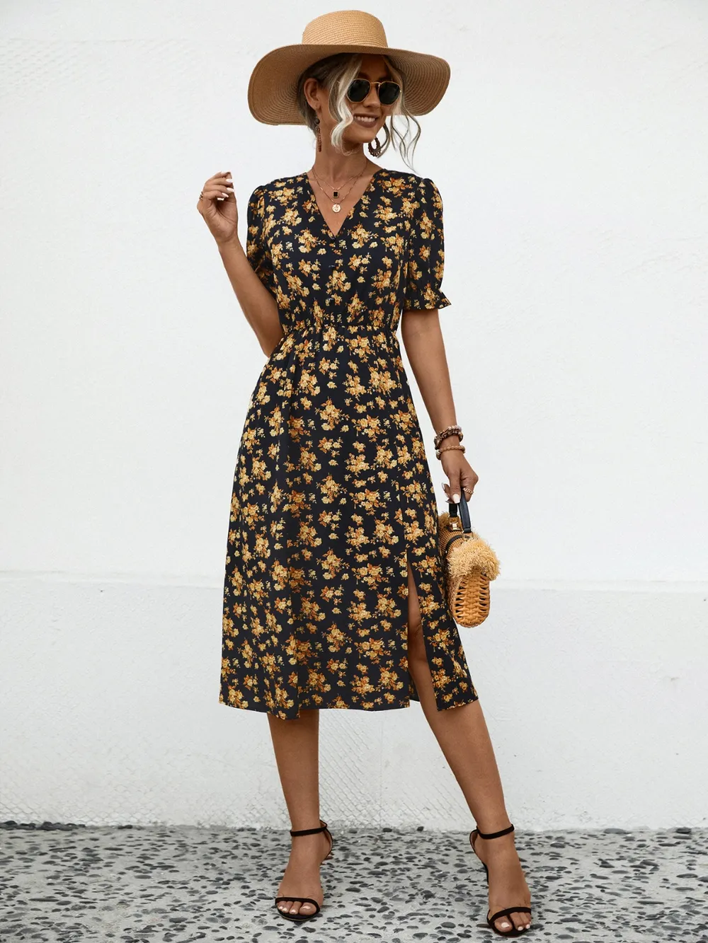 Slit Printed V-Neck Short Sleeve Dress, image 3