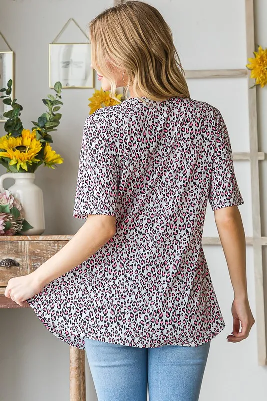 Full Size Short Sleeve Crisscross Animal Babydoll Top Plus Size, image 5