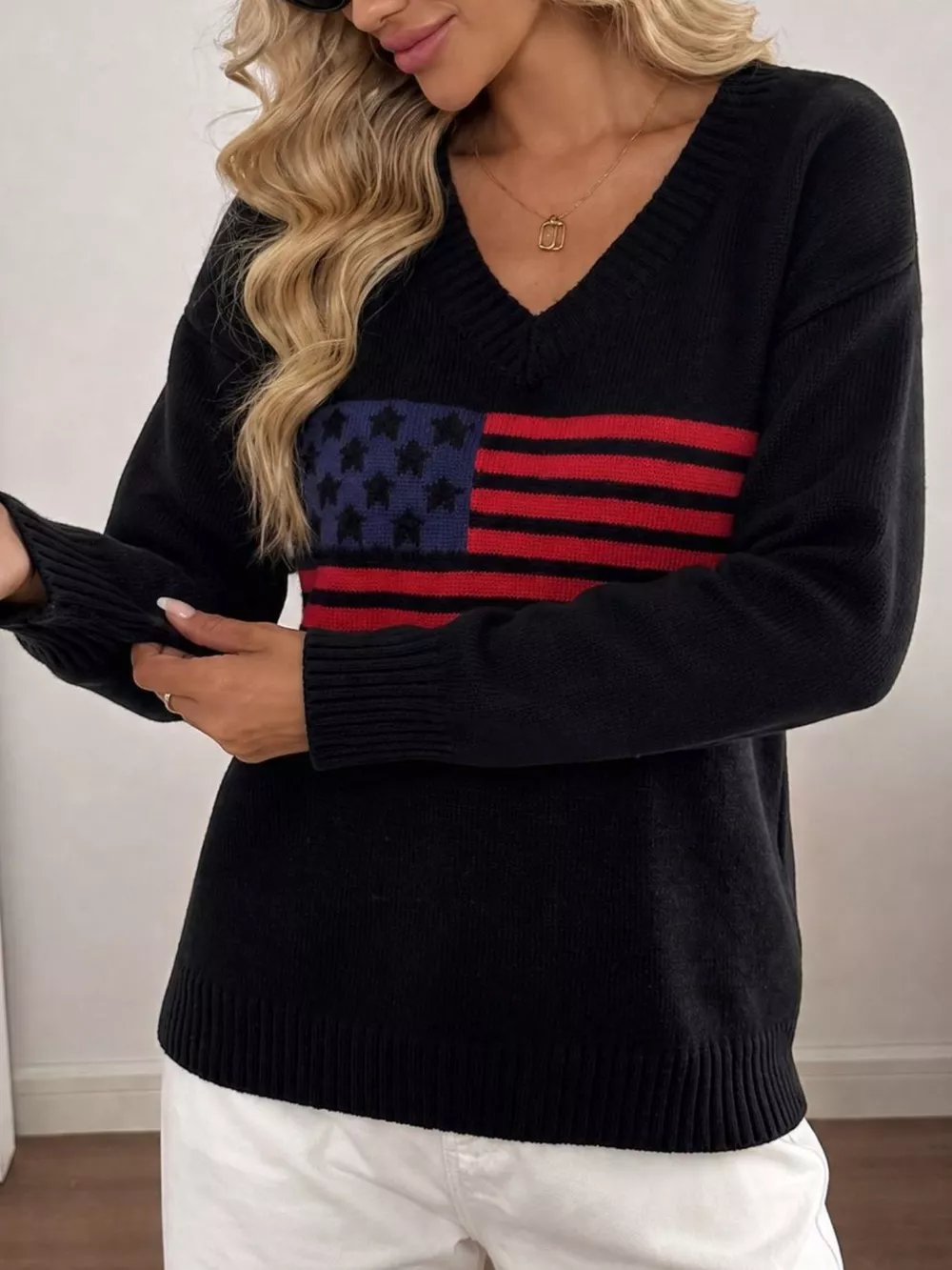 American Flag V-Neck Knit Top, image 5