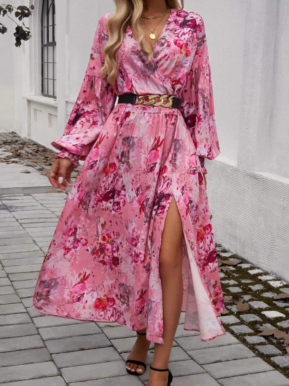 Split Printed Surplice Long Sleeve Midi Dress, image 10
