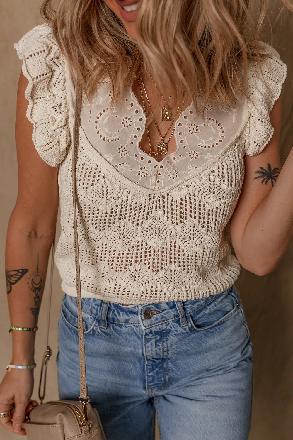 Embroidered Patchwork Hollow Out Knitted Ruffle Sweater Vest, image 3