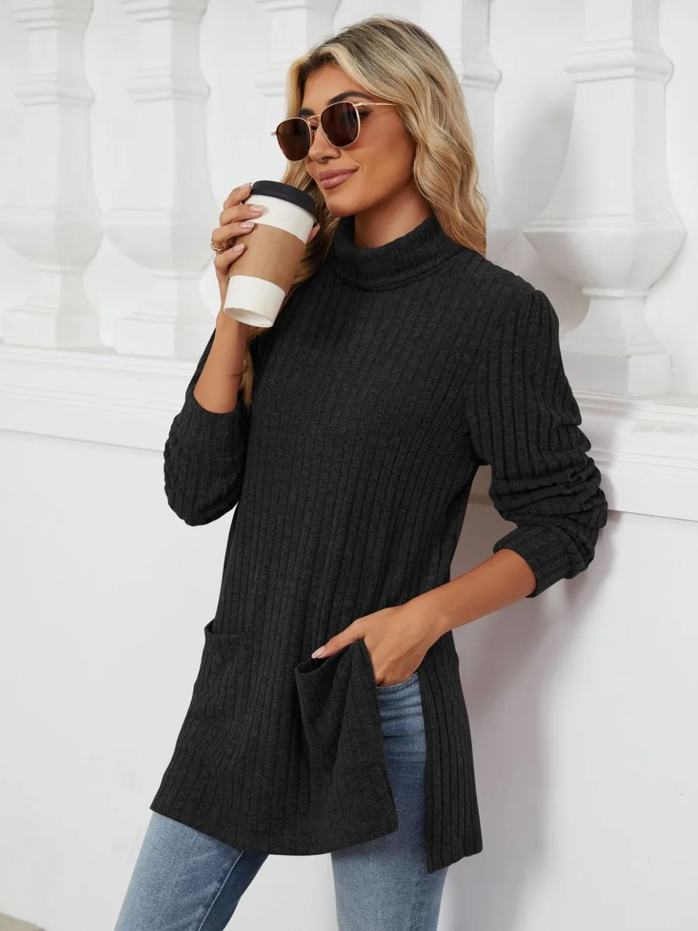 Slit Mock Neck Long Sleeve T-Shirt, image 27