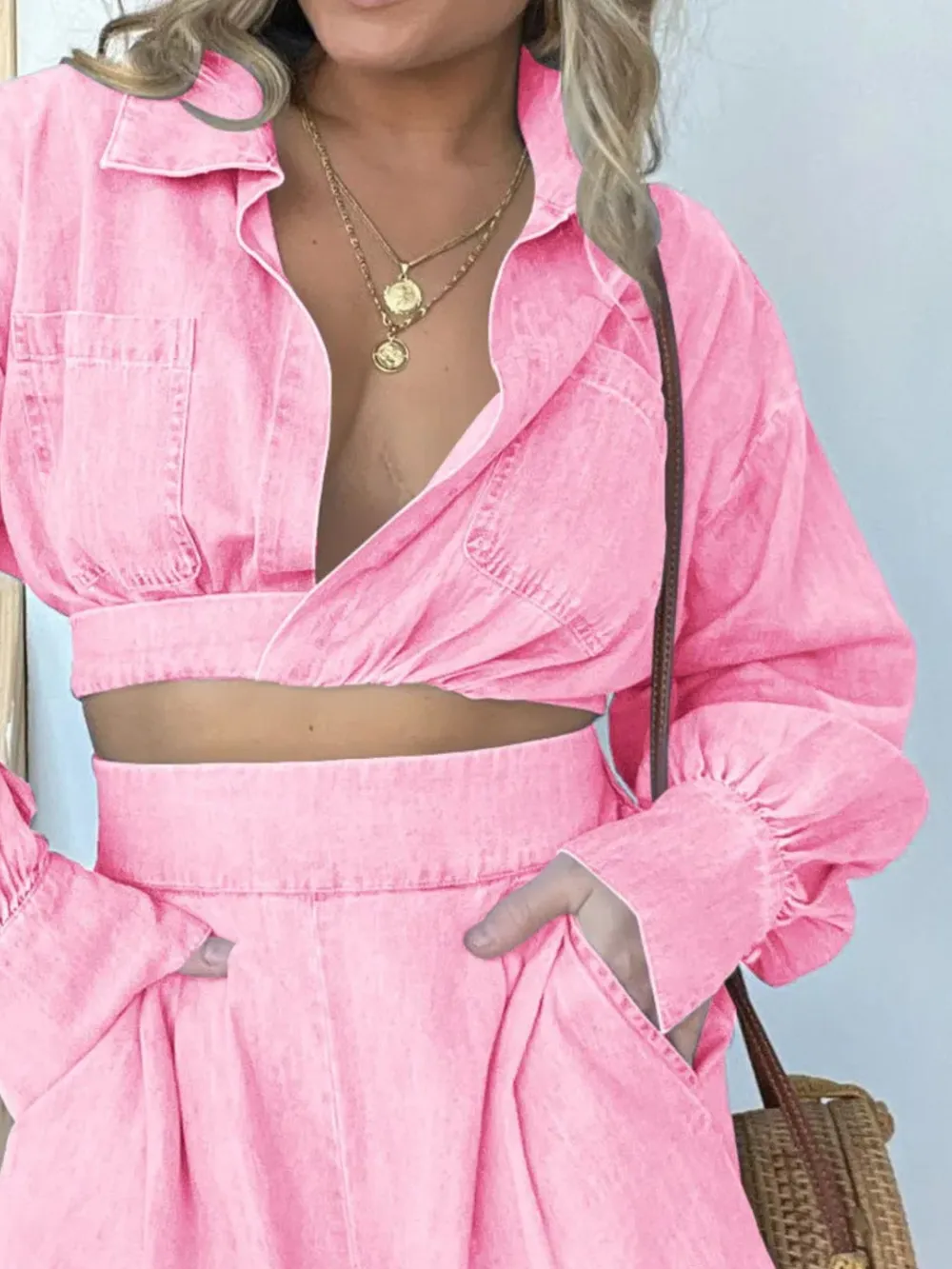 Full Size Long Sleeve Top and Shorts Denim Set Plus Size, image 11