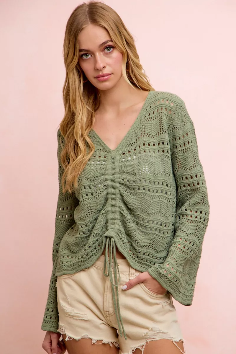 Pointelle Knit V Neck Ruched Front Lightweight Top, image 3