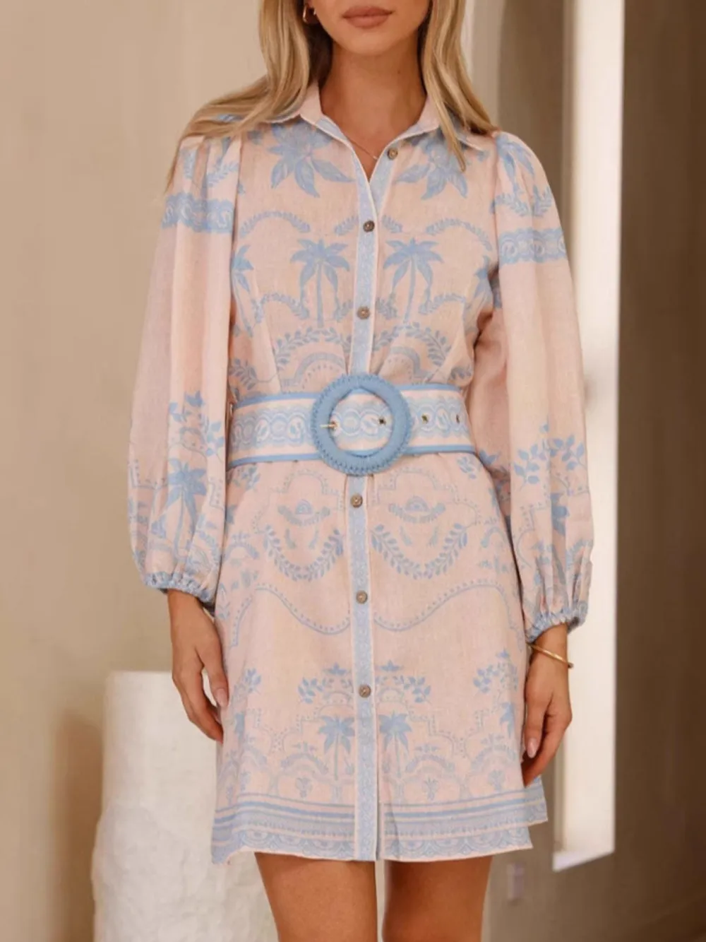 Printed Button Down Shirt Dress with Belt, image 6